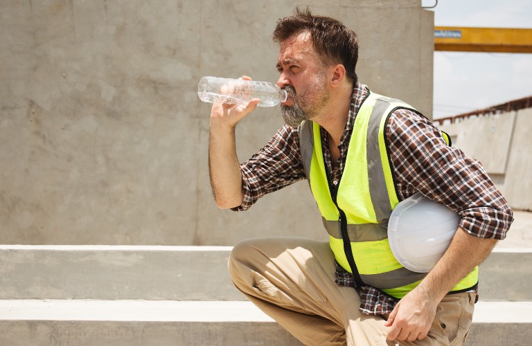man drinking water on the job site in the heat